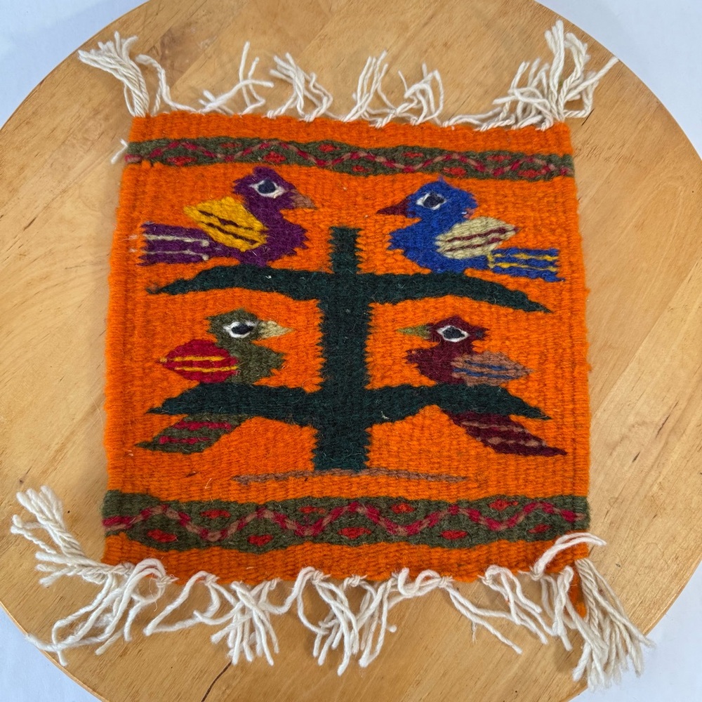 Zapotec Hand-woven Wool Coaster, Orange Mini Rug Birds & Tree of Life Southwest